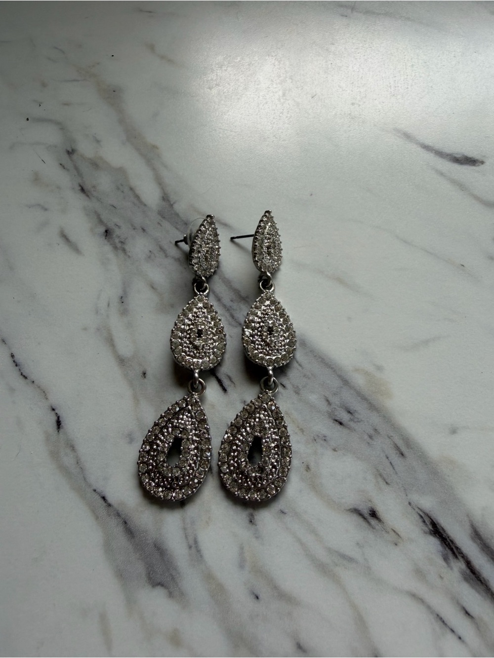 Silver Tone Triple Teardrop Rhinestone Statement Earrings